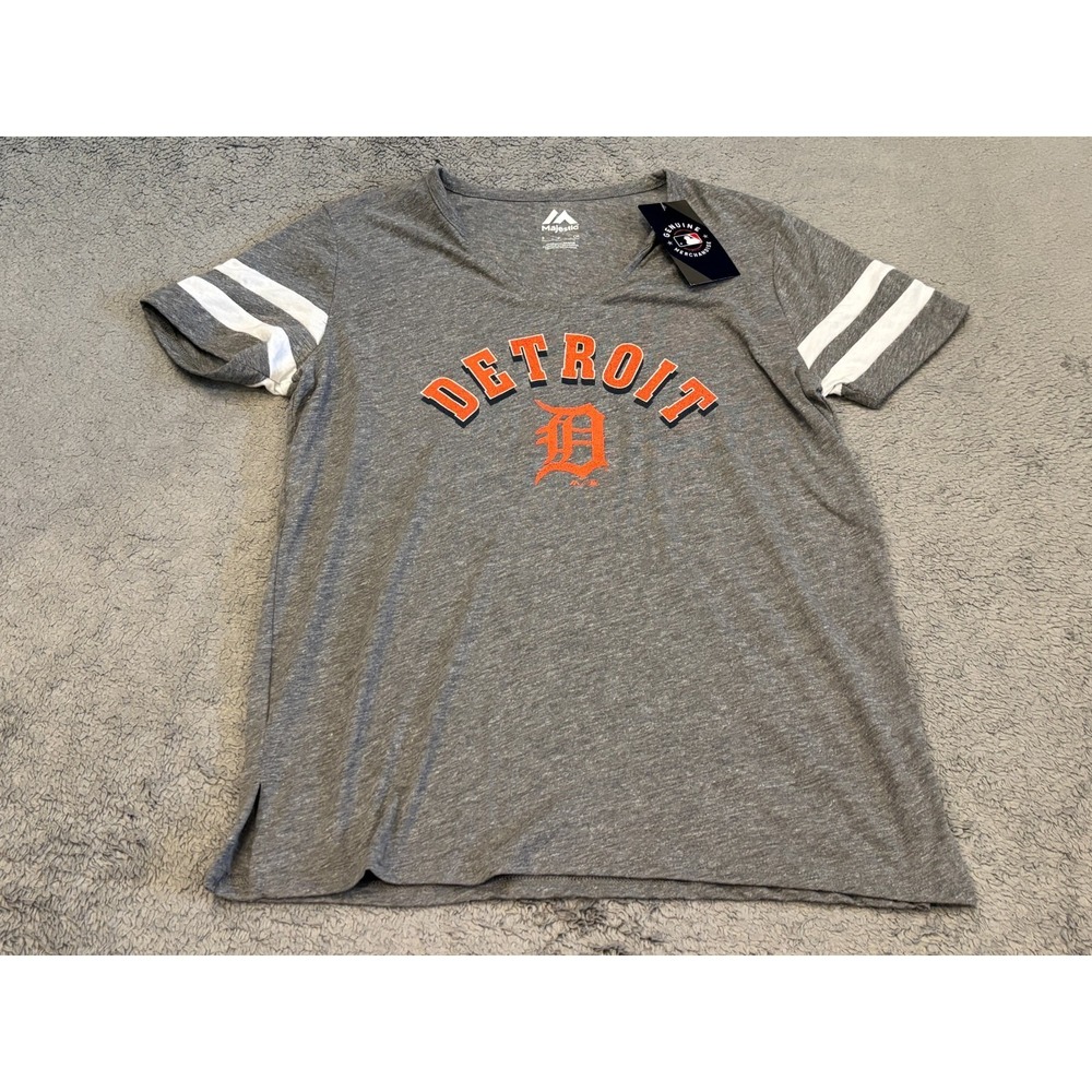 NWT Detroit Tigers T Shirt Womens Small Majestic V Neck Gray MLB Baseball